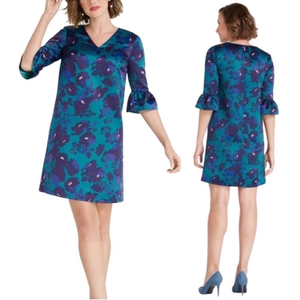 Draper James Deep Teal Floral ALine Bell Sleeve Dress Satin Preppy Wedding Guest